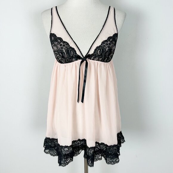 Y2K Victoria’s Secret Pink & Black Lace Babydoll Slip Nightie Size Medium Women' - Picture 1 of 4
